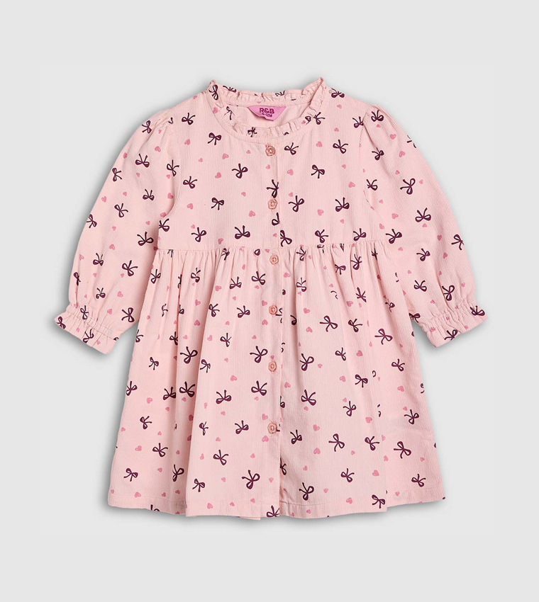 Printed Flared Dress with Round Neck and Long Sleeves