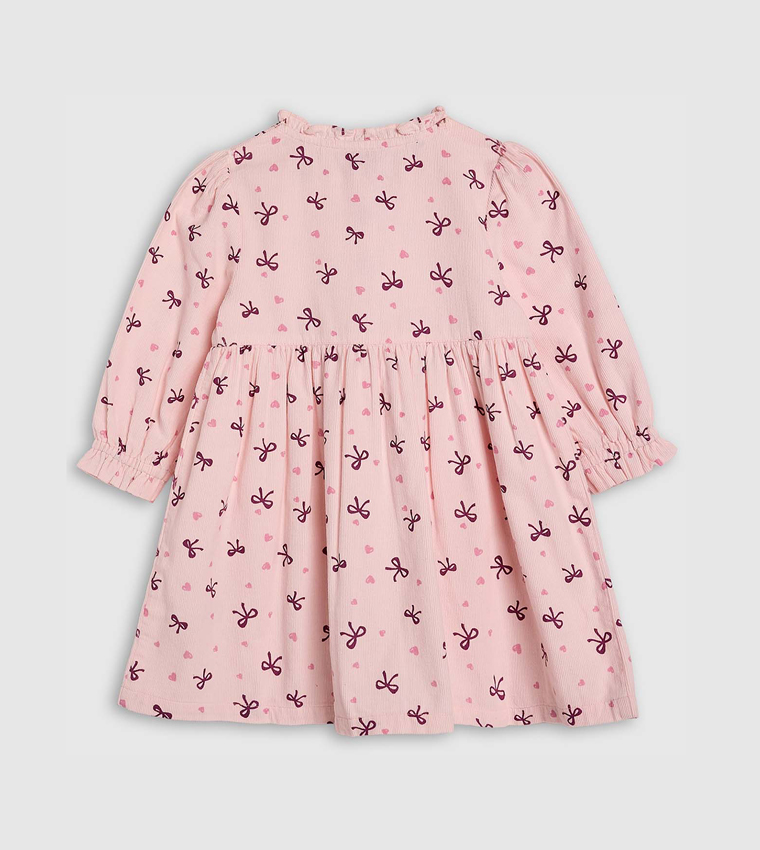 Printed Flared Dress with Round Neck and Long Sleeves