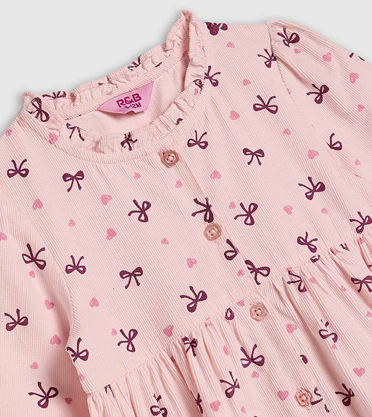 Printed Flared Dress with Round Neck and Long Sleeves