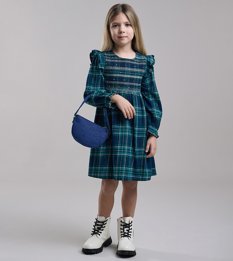 Buy R&B Plaid Fit & Flare Dress With Crew Neck And Long Sleeves In Teal |  6thstreet Oman