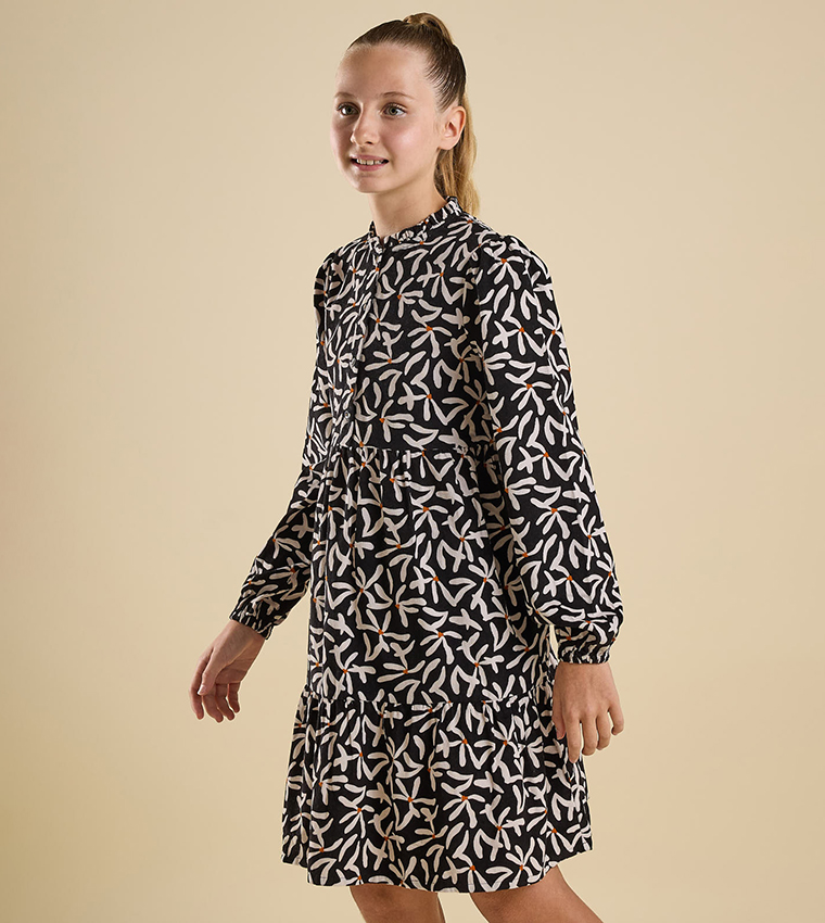 Printed Mini Dress with High Neck and Long Sleeves