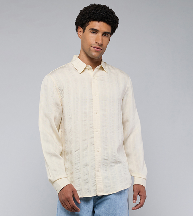 Textured Shirt with Classic Collar and Long Sleeves