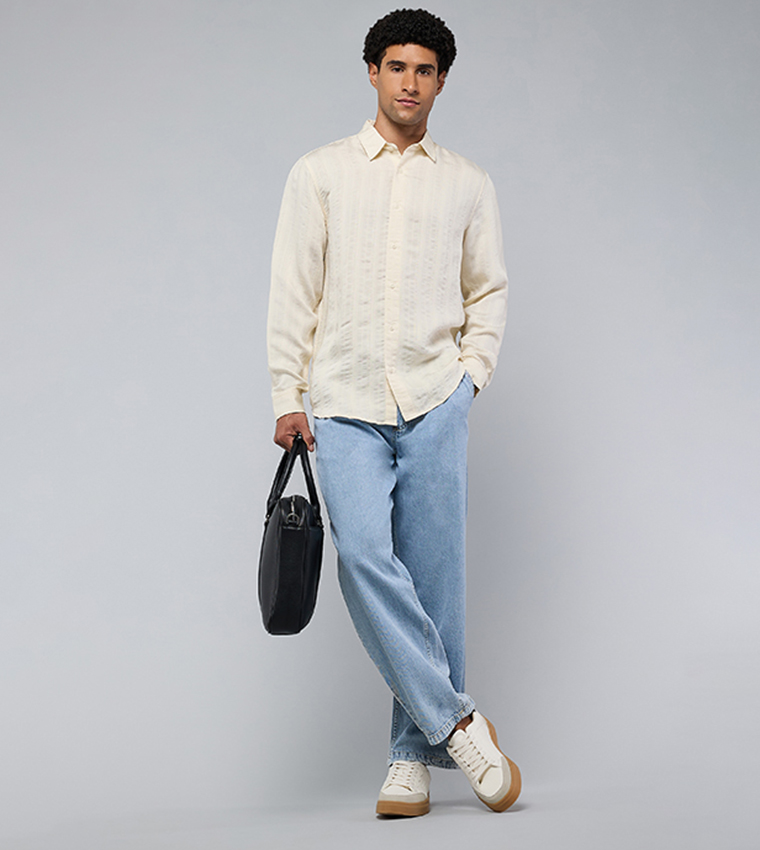 Textured Shirt with Classic Collar and Long Sleeves