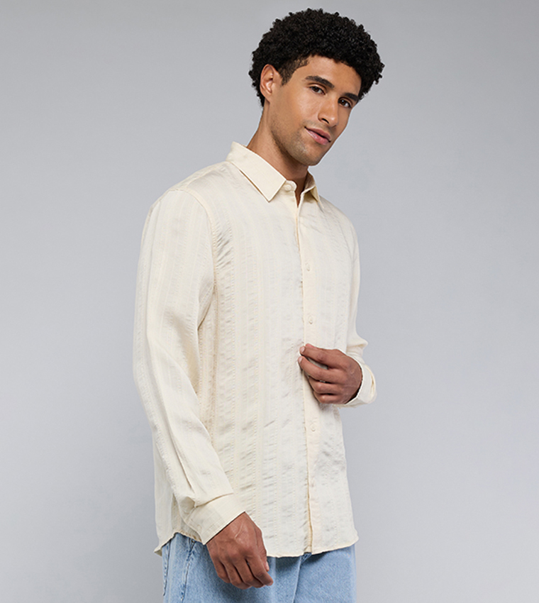 Textured Shirt with Classic Collar and Long Sleeves