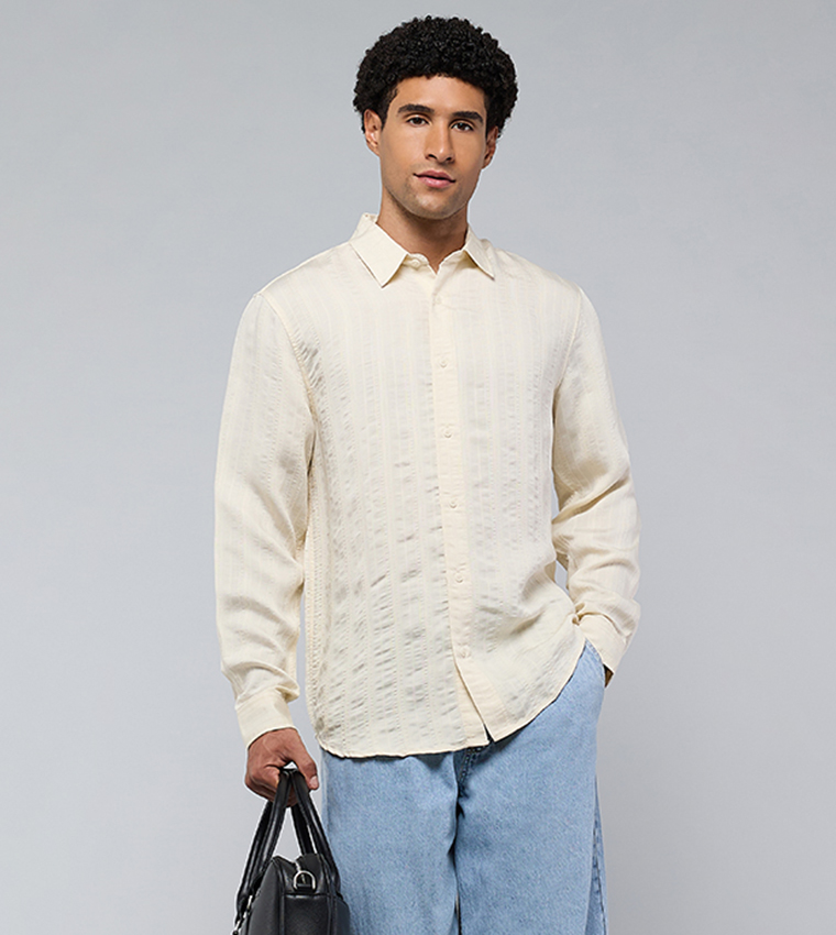 Textured Shirt with Classic Collar and Long Sleeves