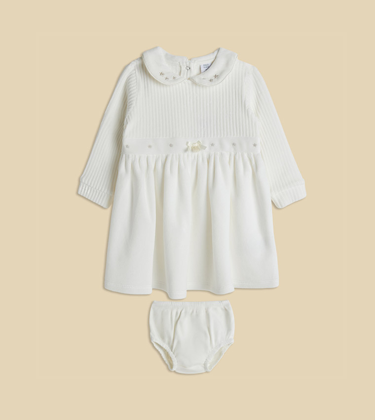 Embroidered Knitted Fit and Flare Dress with Brief