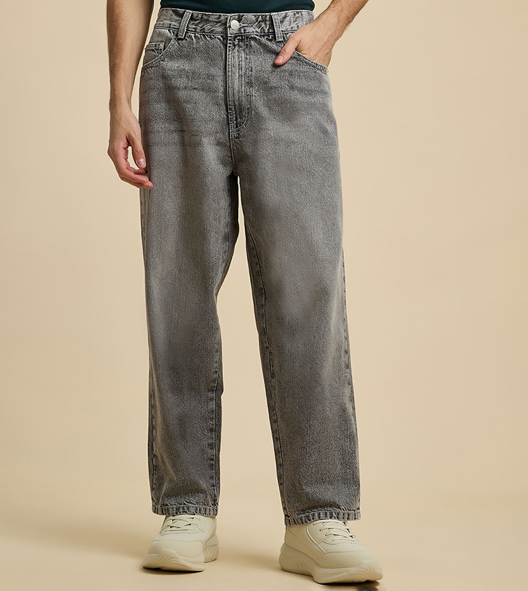 Faded Baggy Jeans with Button Closure