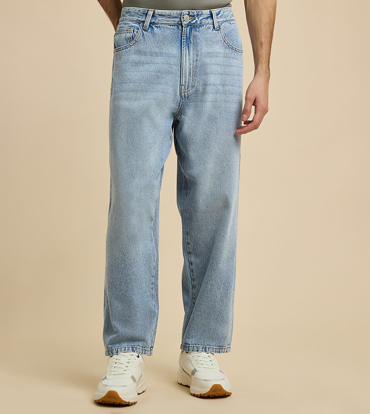 Faded Baggy Jeans with Button Closure