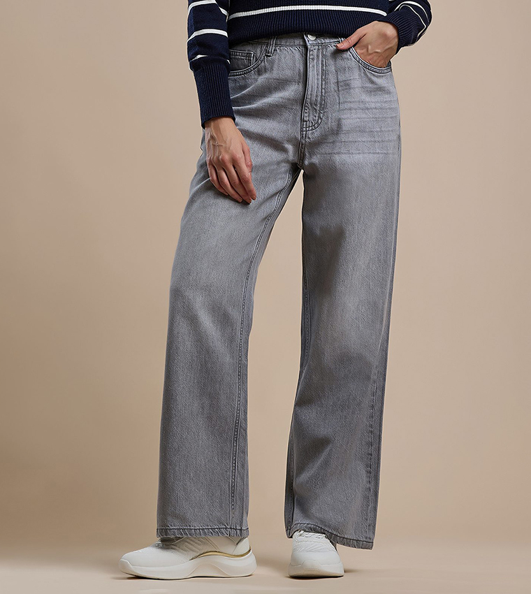 Washed Straight Fit Jeans with Button Closure