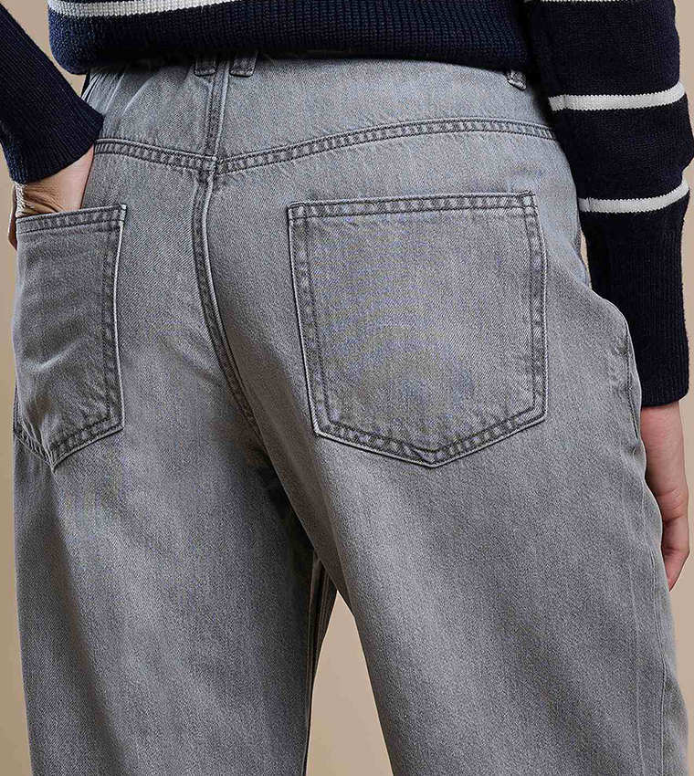 Washed Straight Fit Jeans with Button Closure