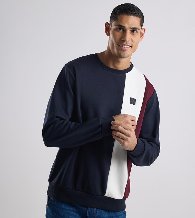 Color Block Sweatshirt with Crew Neck and Long Sleeves