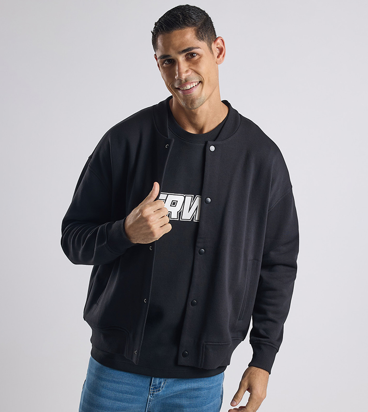 Solid Bomber Jacket with Zipper Closure