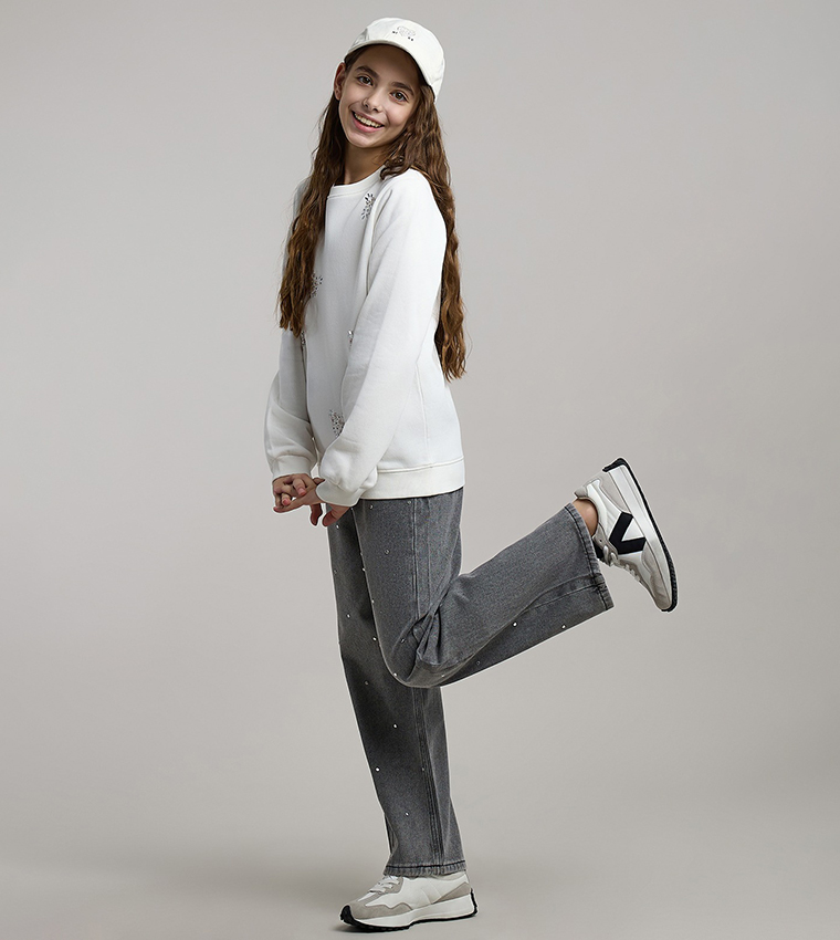 Studded Wide Leg Jeans with Button Closure