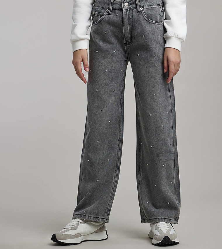 Studded Wide Leg Jeans with Button Closure