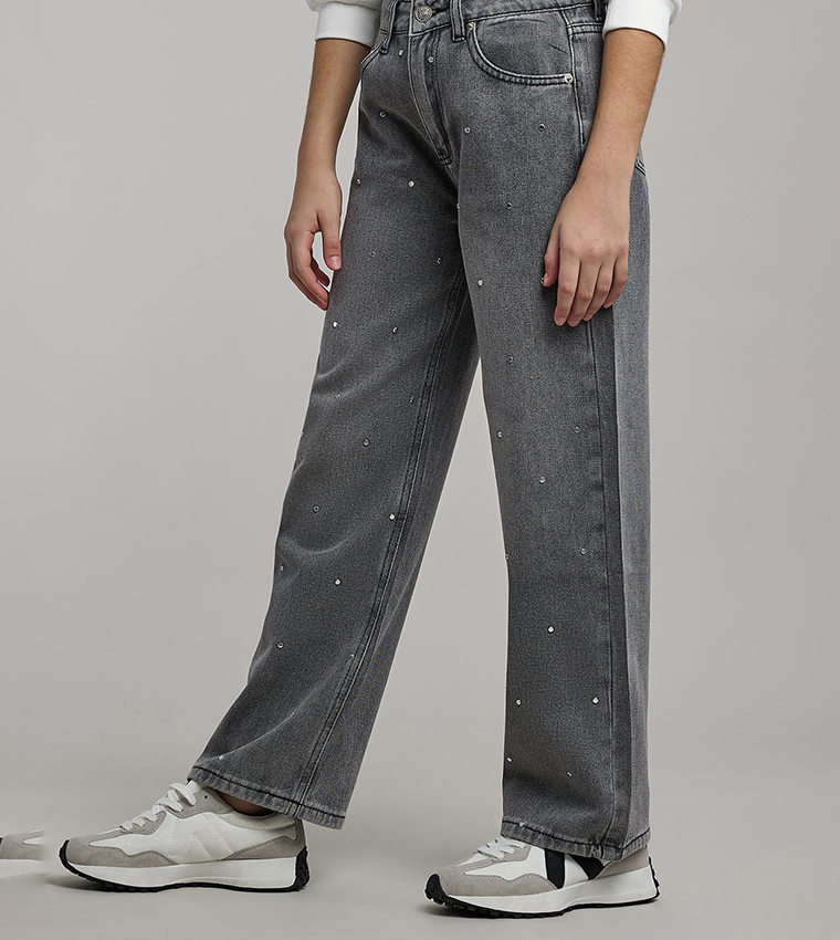 Studded Wide Leg Jeans with Button Closure