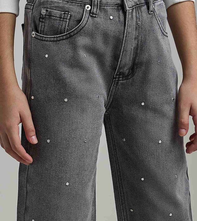 Studded Wide Leg Jeans with Button Closure