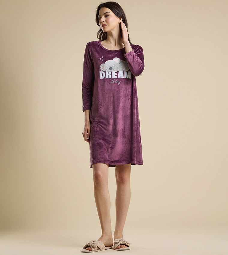 Printed Nightdress with Crew Neck and 3/4 Sleeves