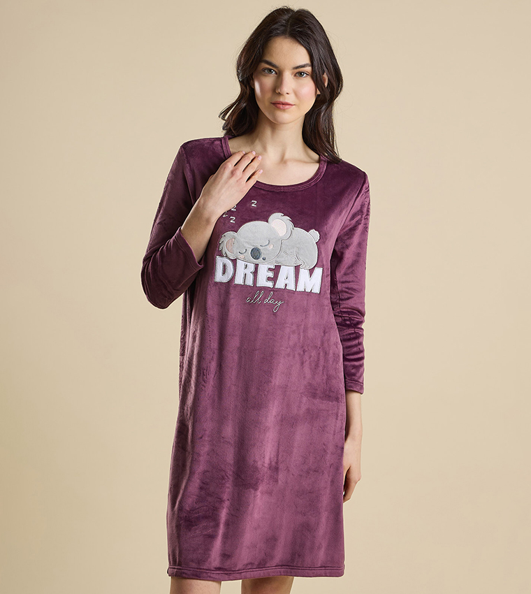 Printed Nightdress with Crew Neck and 3/4 Sleeves