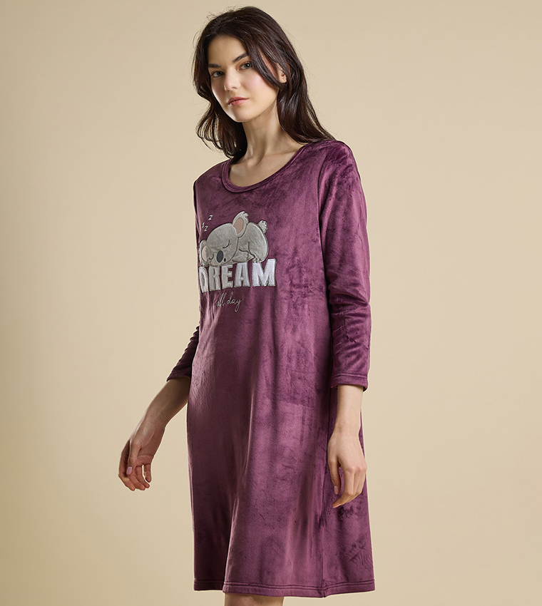 Printed Nightdress with Crew Neck and 3/4 Sleeves