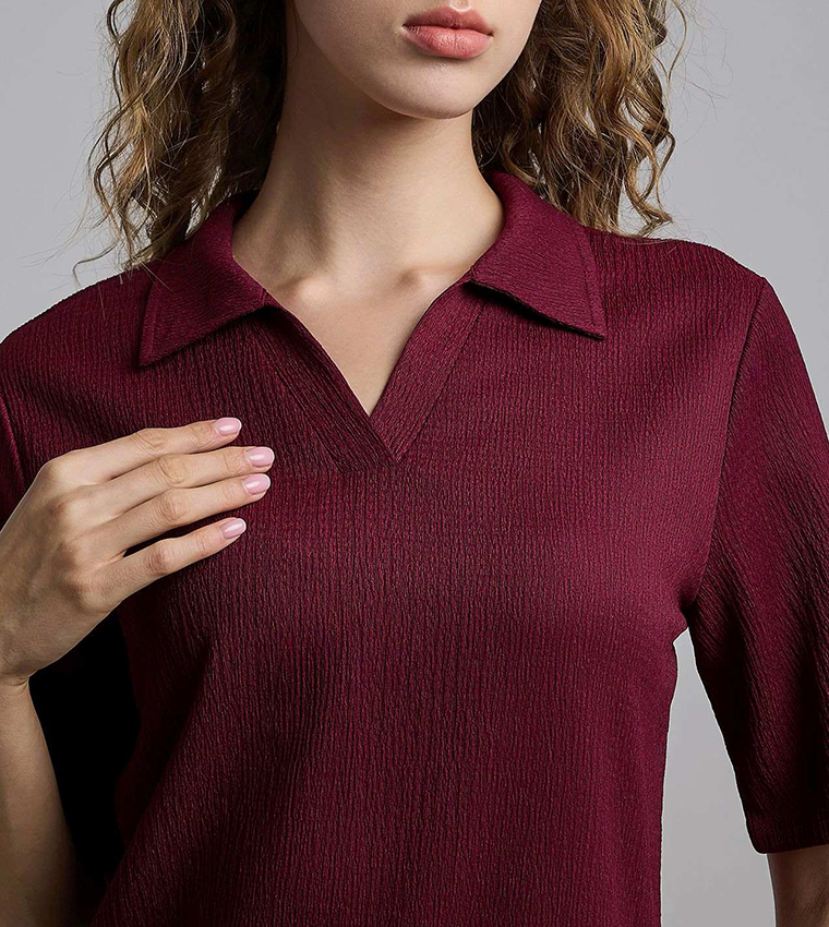 Textured Top with Collar and Short Sleeves