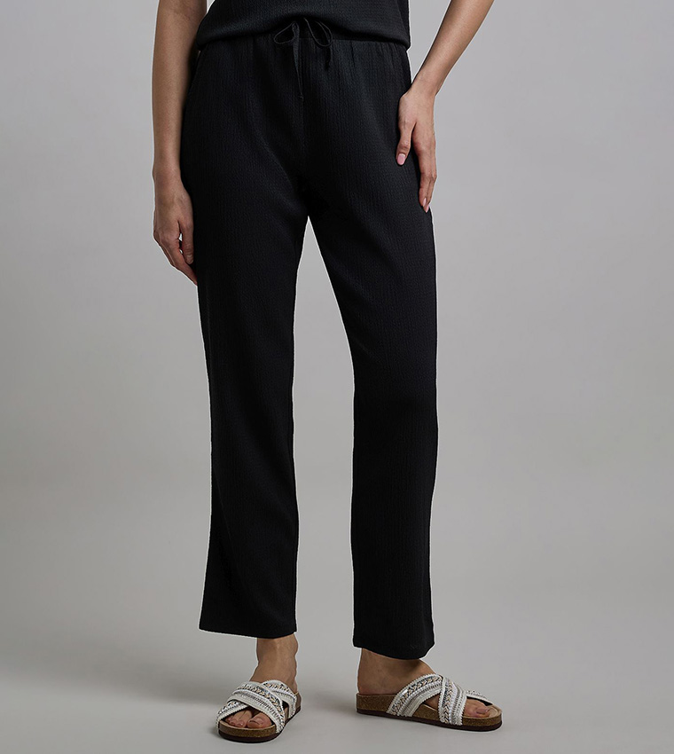 Textured Straight Fit Pants with Drawstring Waist