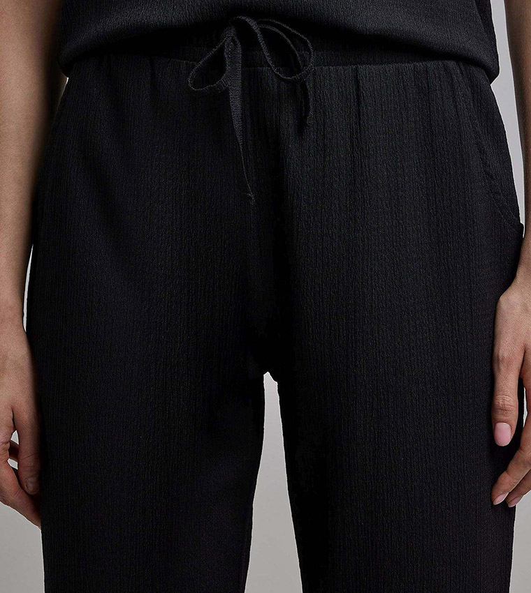 Textured Straight Fit Pants with Drawstring Waist
