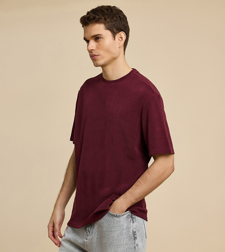 Textured T-Shirt with Crew Neck and Short Sleeves