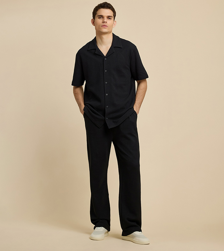 Textured Straight Fit Pants with Drawstring Waist