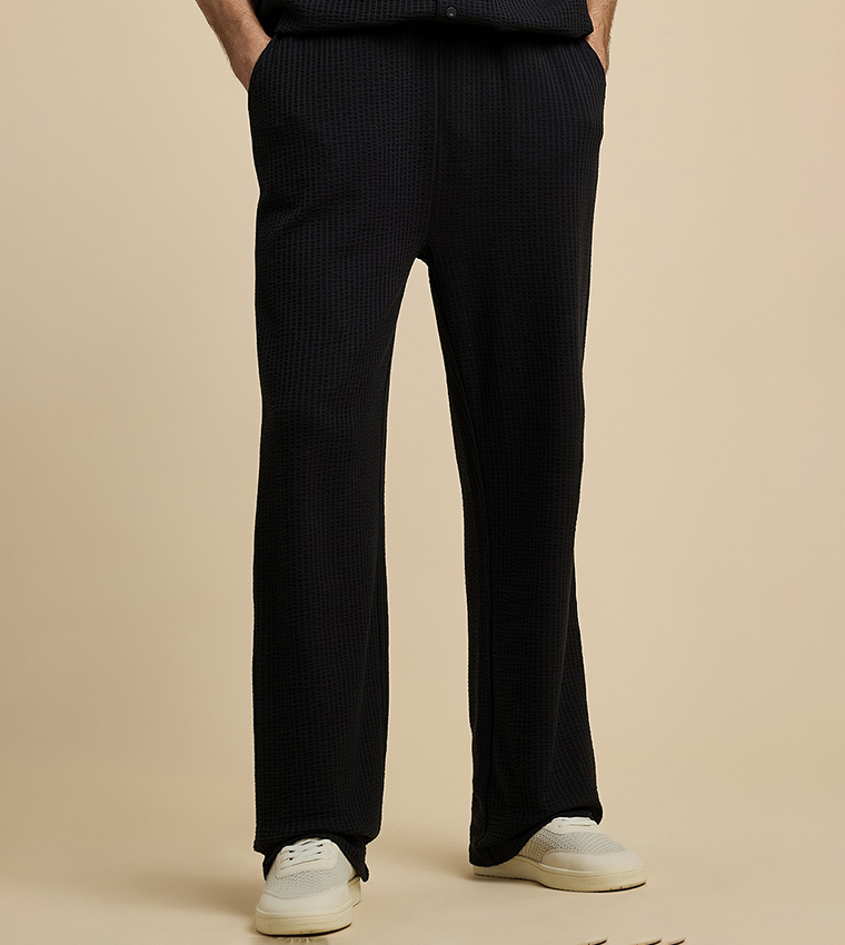 Textured Straight Fit Pants with Drawstring Waist