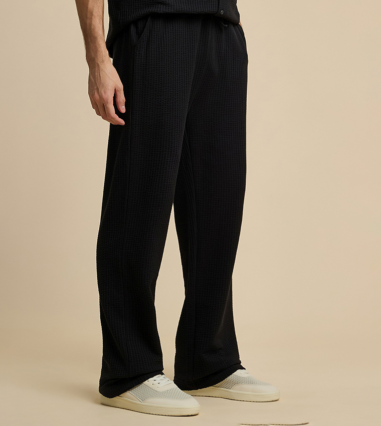 Textured Straight Fit Pants with Drawstring Waist