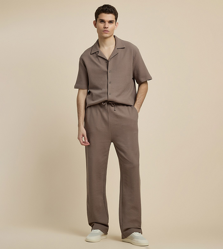 Textured Straight Fit Pants with Drawstring Waist