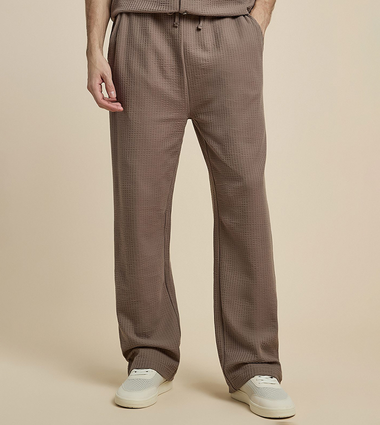 Textured Straight Fit Pants with Drawstring Waist