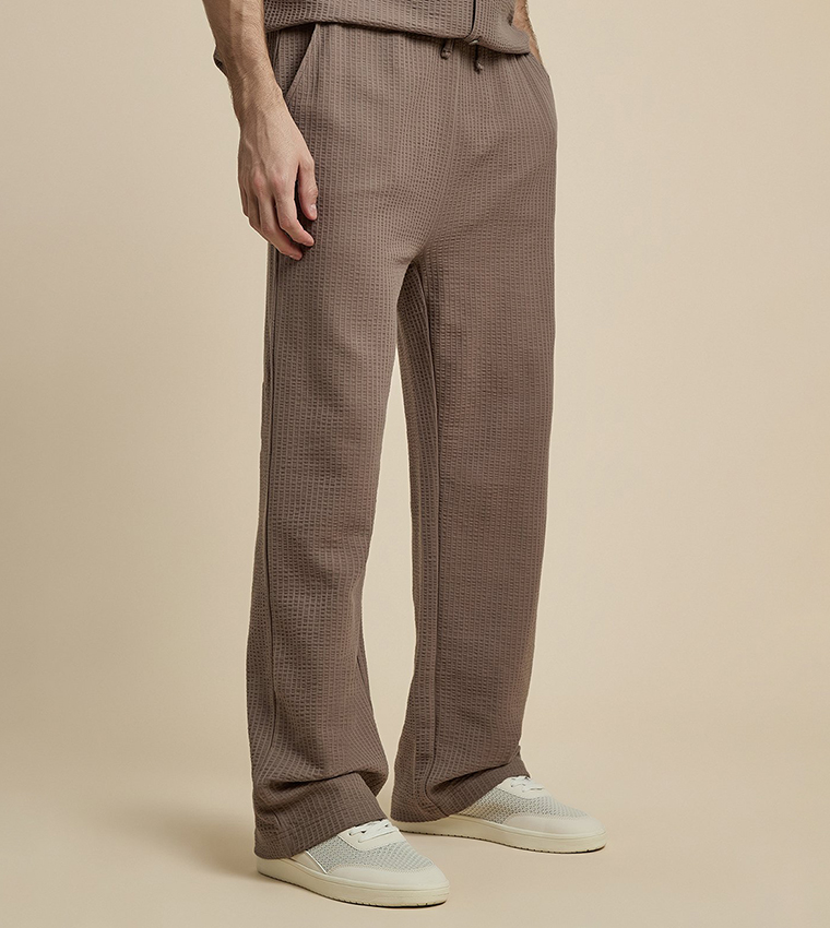 Textured Straight Fit Pants with Drawstring Waist