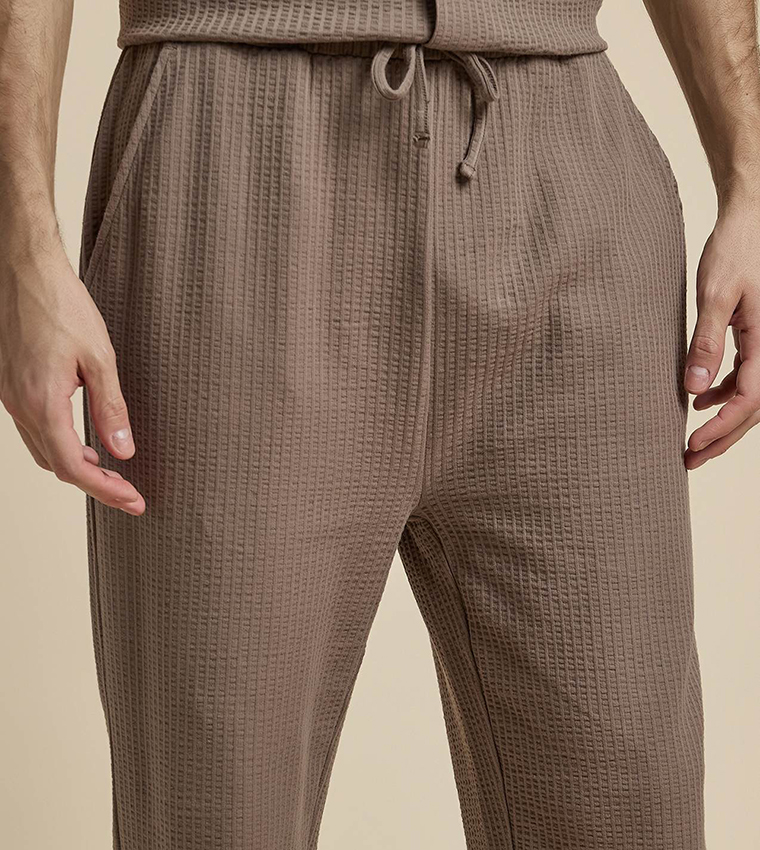 Textured Straight Fit Pants with Drawstring Waist