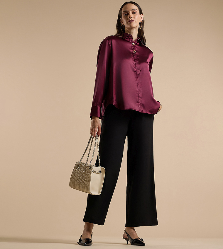 Solid Shirt with Classic Collar and Long Sleeves