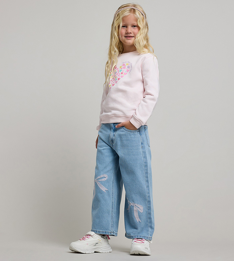 Bow Embroidered Loose Fit Jeans with Button Closure