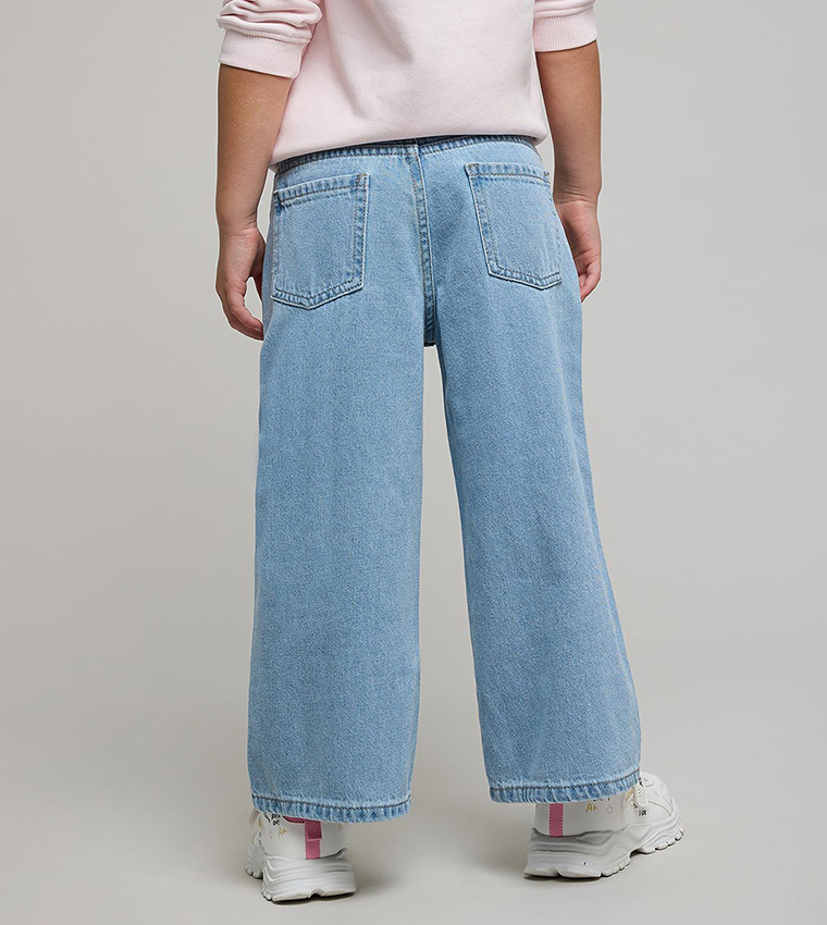 Bow Embroidered Loose Fit Jeans with Button Closure