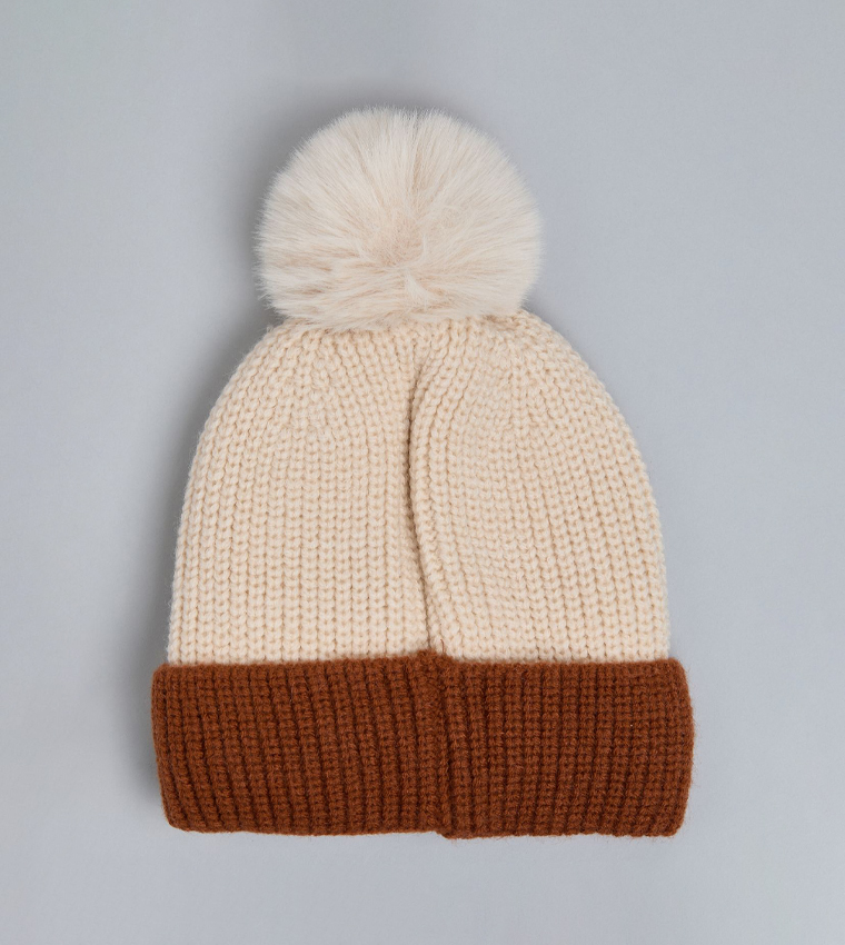 Color Block Beanie with Pom-Pom