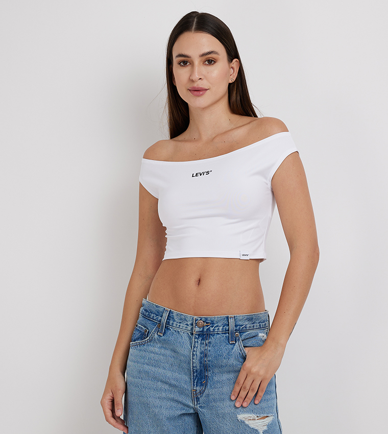 Logo Printed Off-Shoulder Crop Top