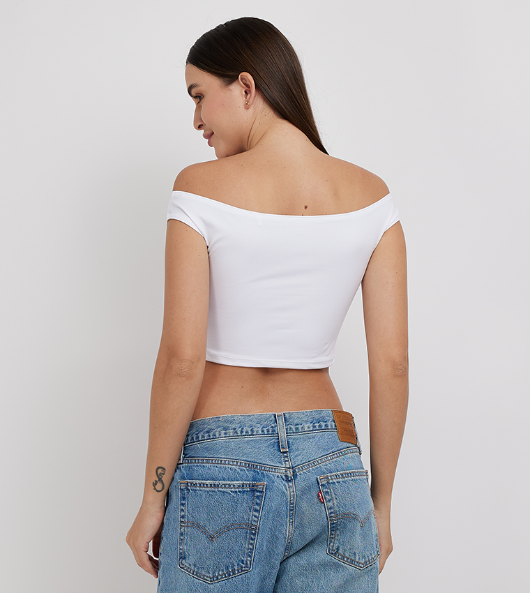 Logo Printed Off-Shoulder Crop Top