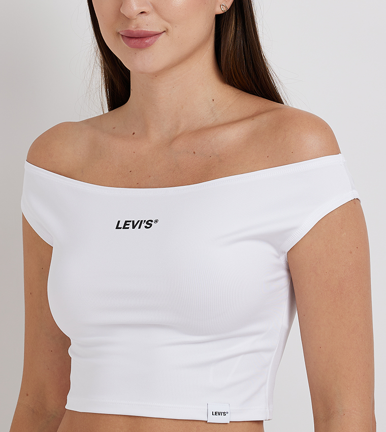 Logo Printed Off-Shoulder Crop Top