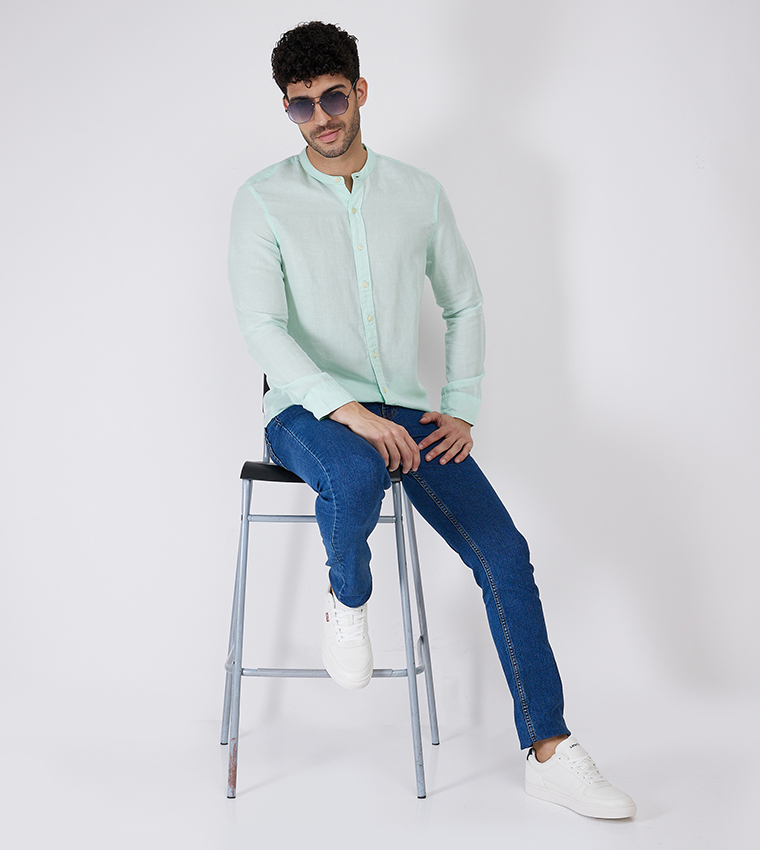 Solid Mandarin Collar Shirt