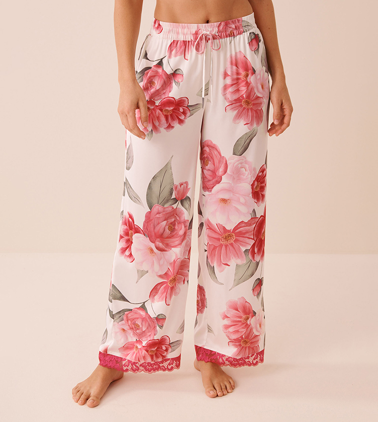 Camellia Print Lace Trim Satin Lounge Pants