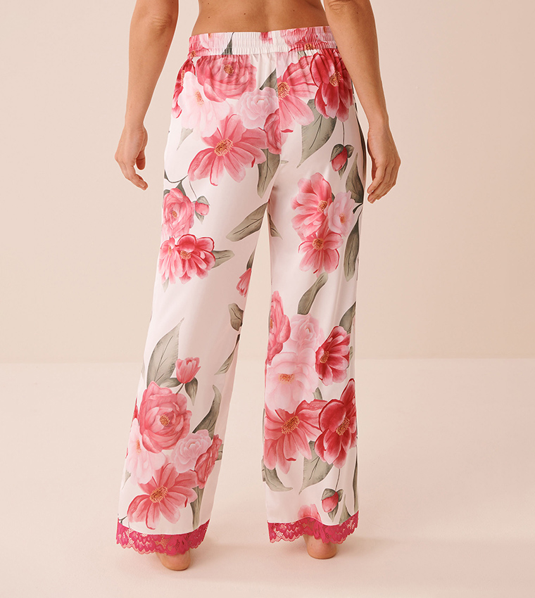 Camellia Print Lace Trim Satin Lounge Pants