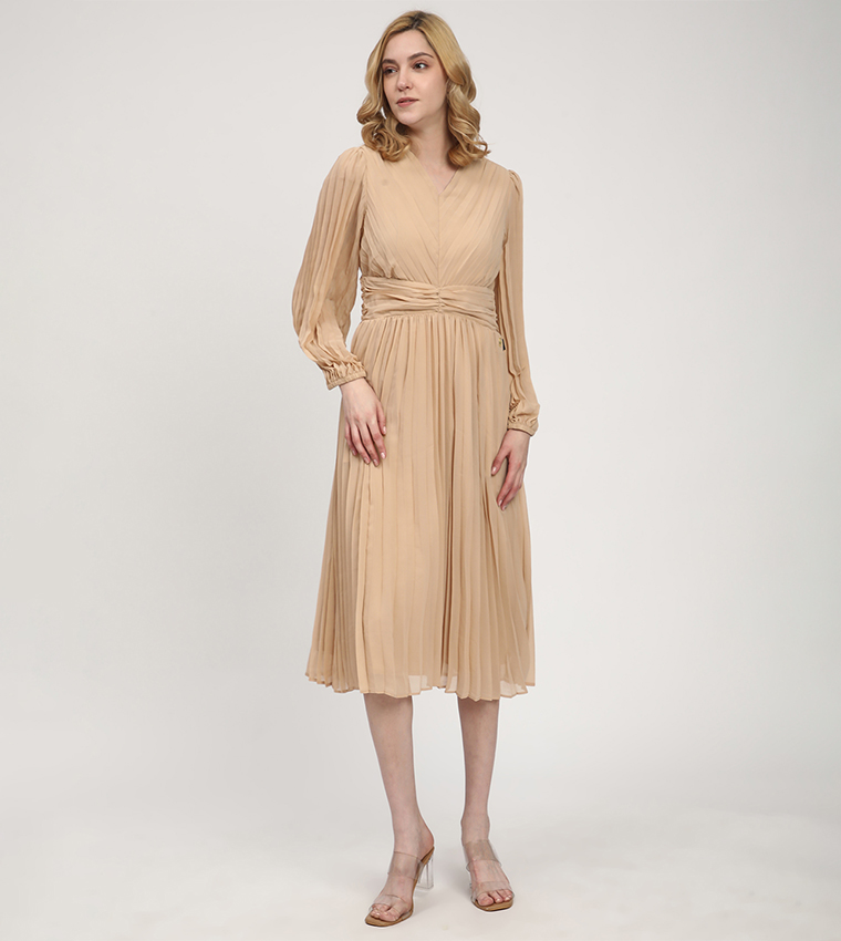 Pleated Long Sleeves Midi Dress