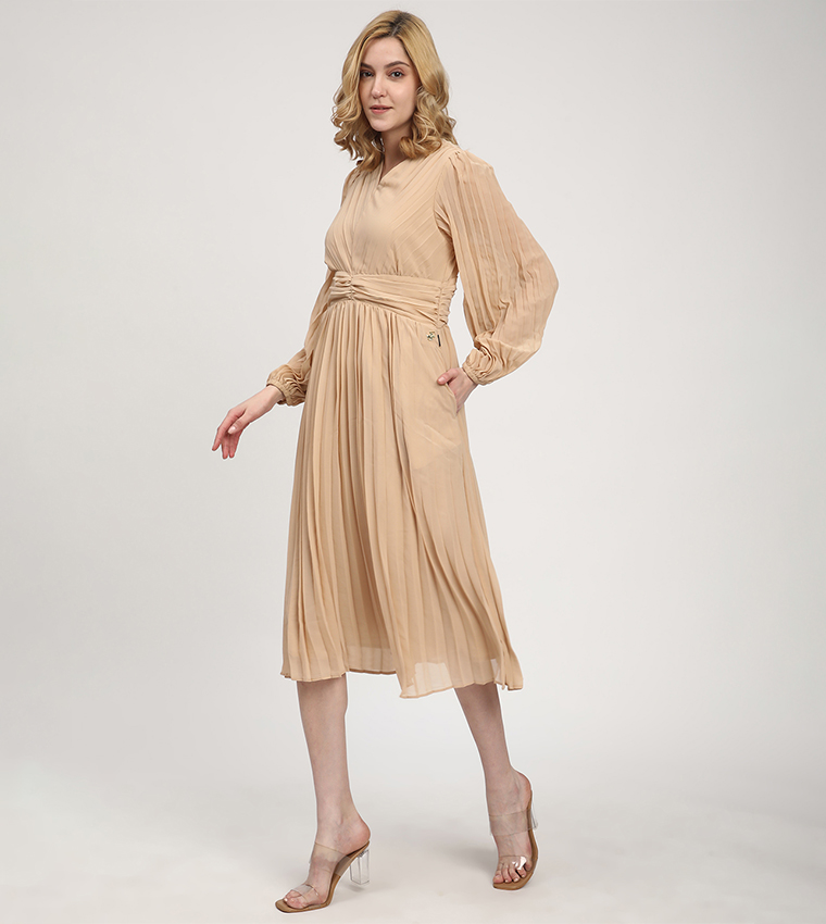 Pleated Long Sleeves Midi Dress