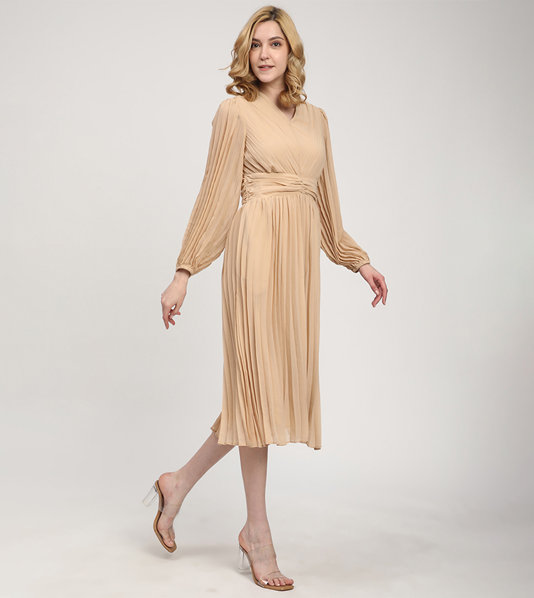 Pleated Long Sleeves Midi Dress