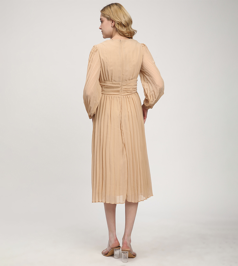 Pleated Long Sleeves Midi Dress