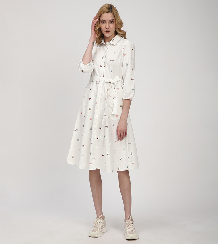 Monogram Patterned Belted Shirt Dress