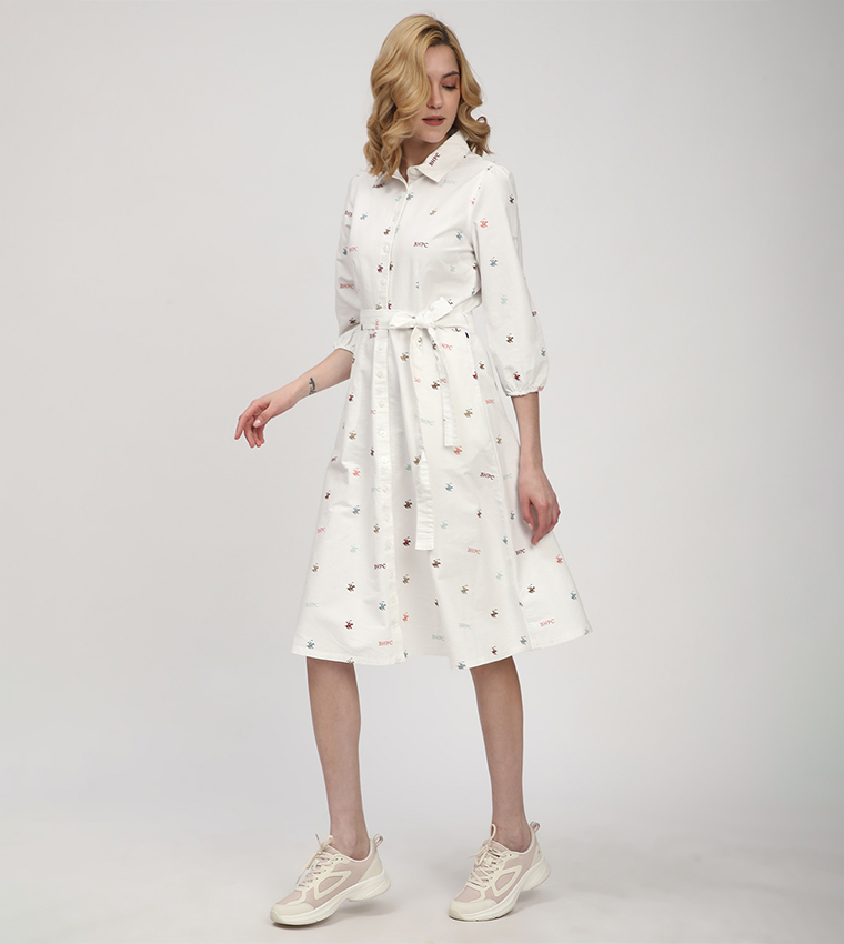 Monogram Patterned Belted Shirt Dress